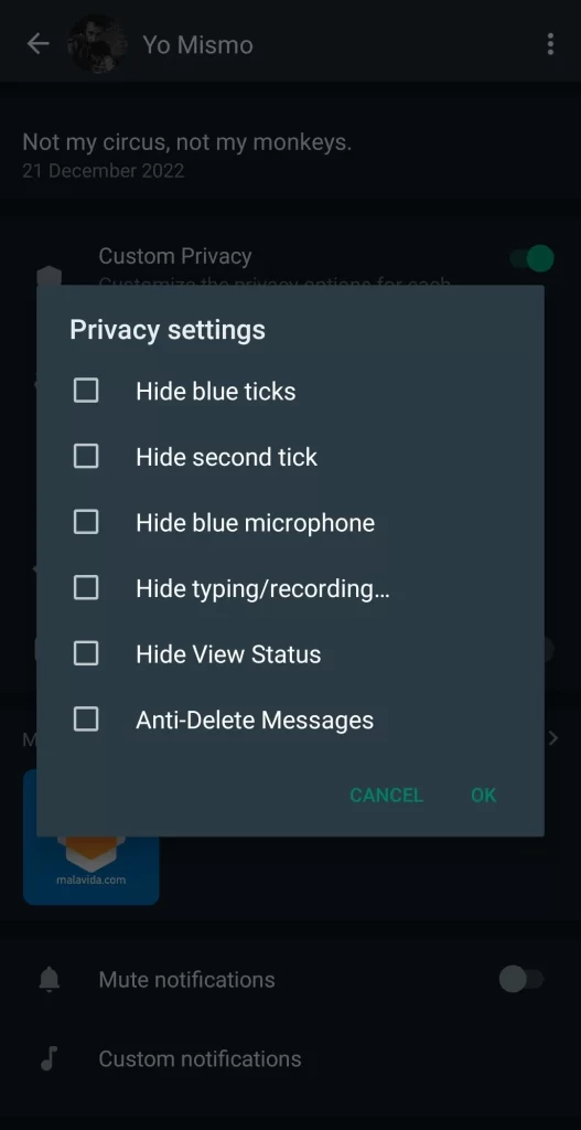 Privacy setting whatsapp aero